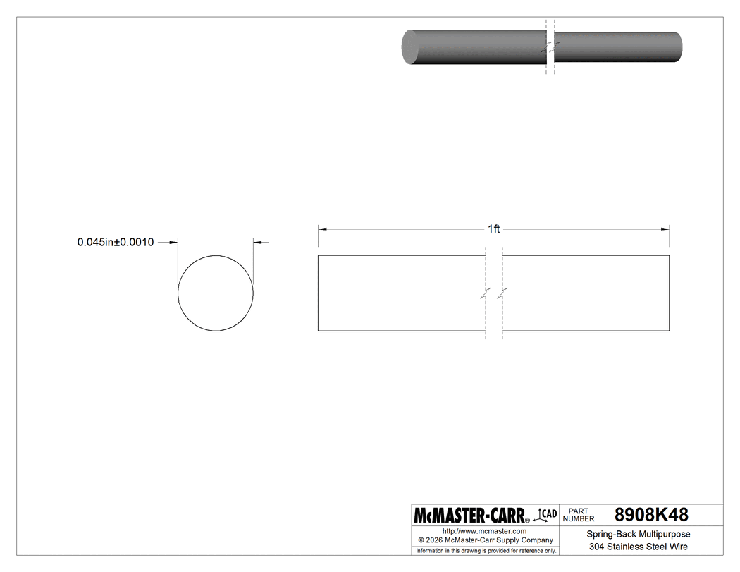 Technical Drawing of Spring-Back Multipurpose 304 Stainless Steel Wire, 1 Foot Long, Matte, 0.045" Diameter.